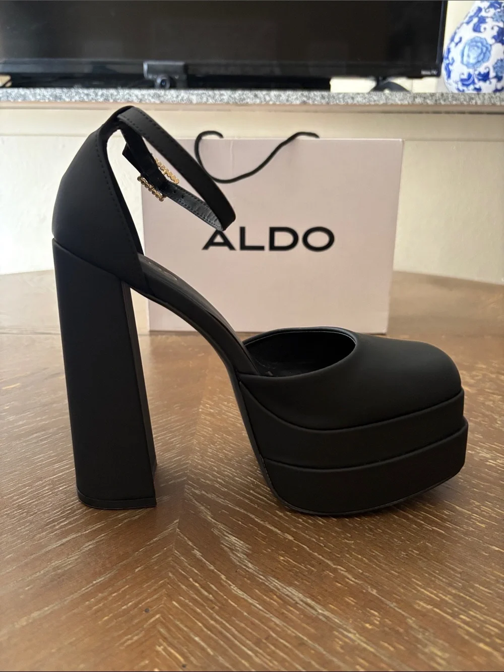 ALDO Grandle double-platform block-hell square toe rhinestone strap 6” heels